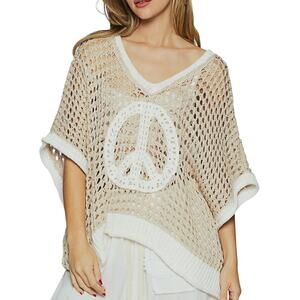 POL Peace Sign Crochet Sweater Small Boho Open Knit V Neck Tan Cream Top